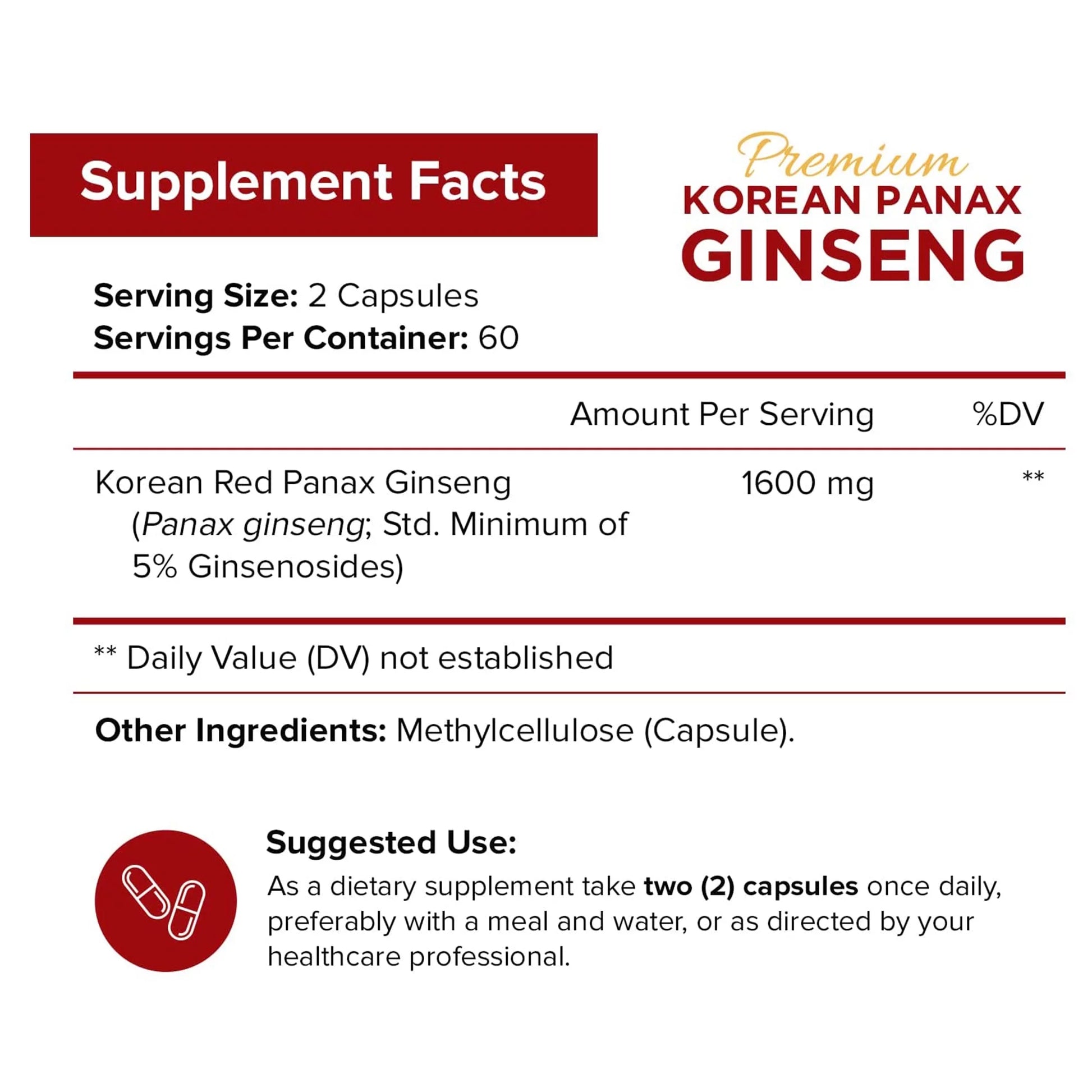 Korean Panax Ginseng Supplement for Energy Focus Libido Support 120 Vegetable Capsules