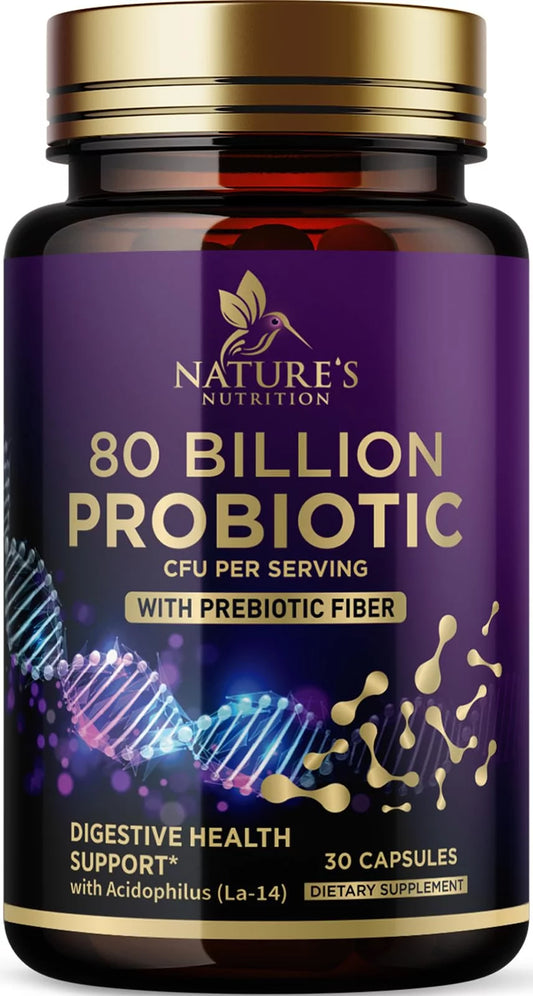 Probiotic Supplement 80 Billion CFU + Prebiotics, Acidophilus Probiotic Supports Immune System & Digestive Health, Supports Occasional Constipation, Supplement for Women Feminine Health - 30 Capsules