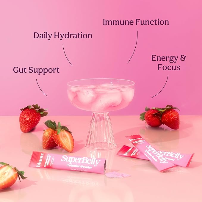 Blume SuperBelly Gut Health and On-The-Go Hydration Packets, Sugar-Free, with Prebiotics, Probiotics, Apple Cider Vinegar, Vitamin C, and Electrolytes, Strawberry Hibiscus, 15 Sticks