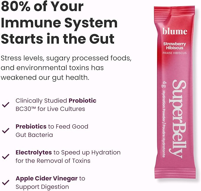 Blume SuperBelly Gut Health and On-The-Go Hydration Packets, Sugar-Free, with Prebiotics, Probiotics, Apple Cider Vinegar, Vitamin C, and Electrolytes, Strawberry Hibiscus, 15 Sticks