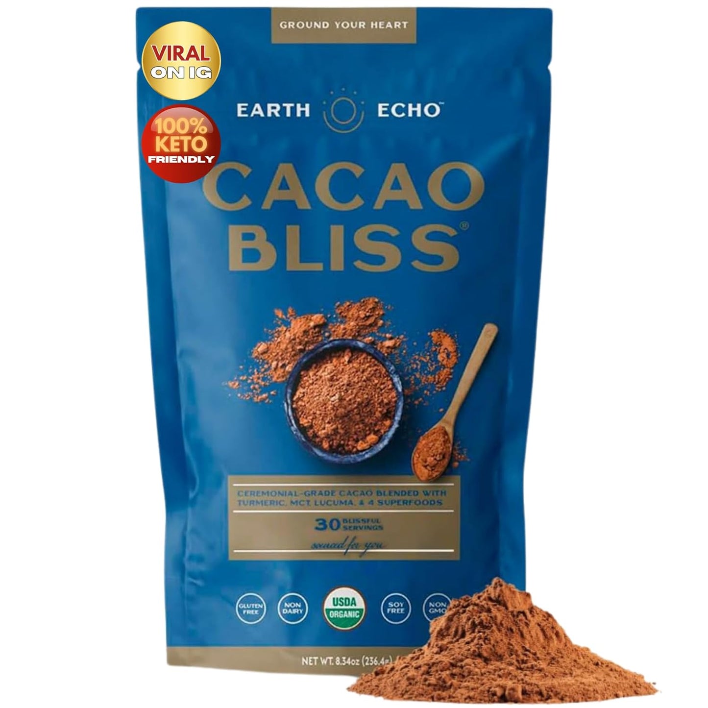 Earth Echo Cacao Bliss Unsweetened Organic Cacao Powder with Cinnamon, Turmeric, MCT Oil, and Lucuma Dairy-Free, Gluten-Free, Keto-Friendly Superfood Cocoa