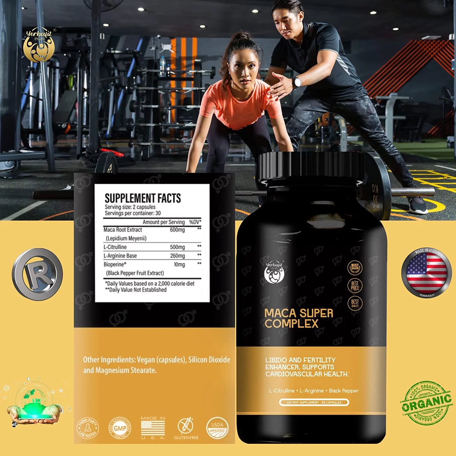 Maca Super Complex Supplement Capsules for Energy-Strength-&-Mood Support, for Women & Men with L-Citrulline, L-Arginine Base and Bioperine, GMO & Gluten Free | 60 Vegan Capsules