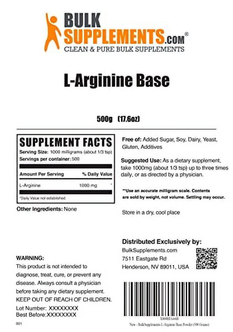 L-Arginine Base Powder - Arginine Supplement - L Arginine Powder - Nitric Oxide Supplement - L Arginine 1000Mg - L-Arginine Nutritional Supplement (500 Grams - 1.1 Lbs)