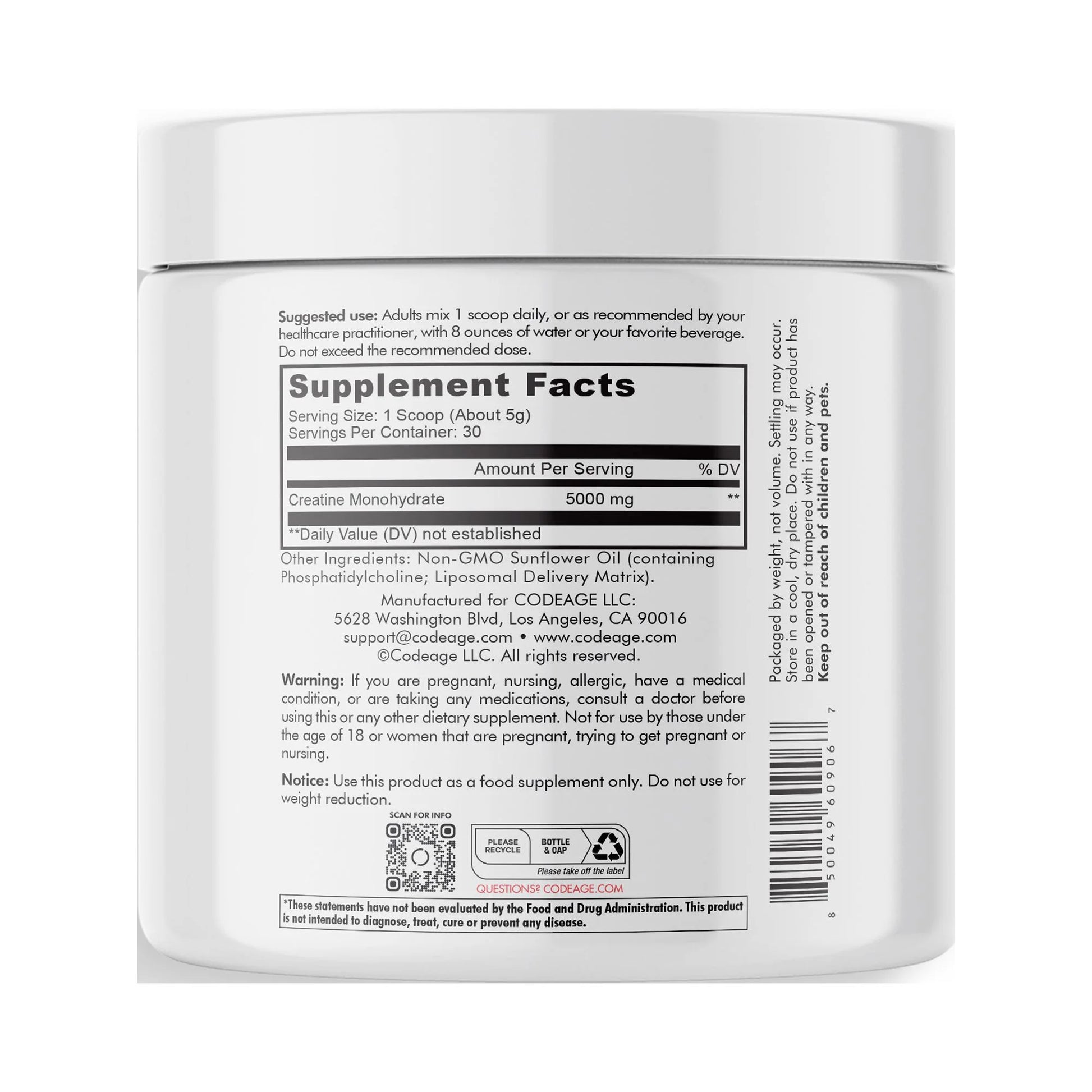 Liposomal Creatine Monohydrate Powder Supplement, Unflavored, 1-Month Supply, 30 Servings