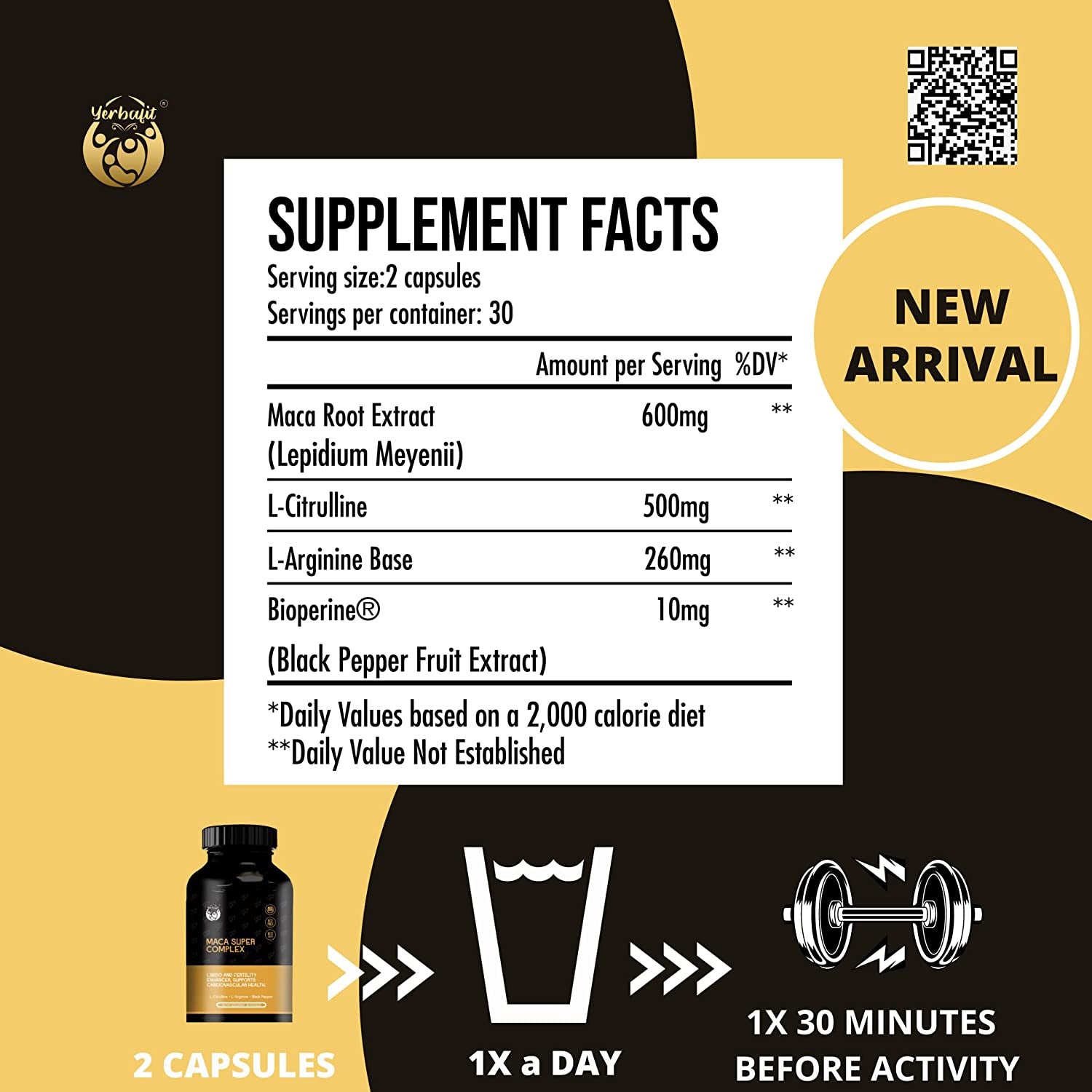 Maca Super Complex Supplement Capsules for Energy-Strength-&-Mood Support, for Women & Men with L-Citrulline, L-Arginine Base and Bioperine, GMO & Gluten Free | 60 Vegan Capsules