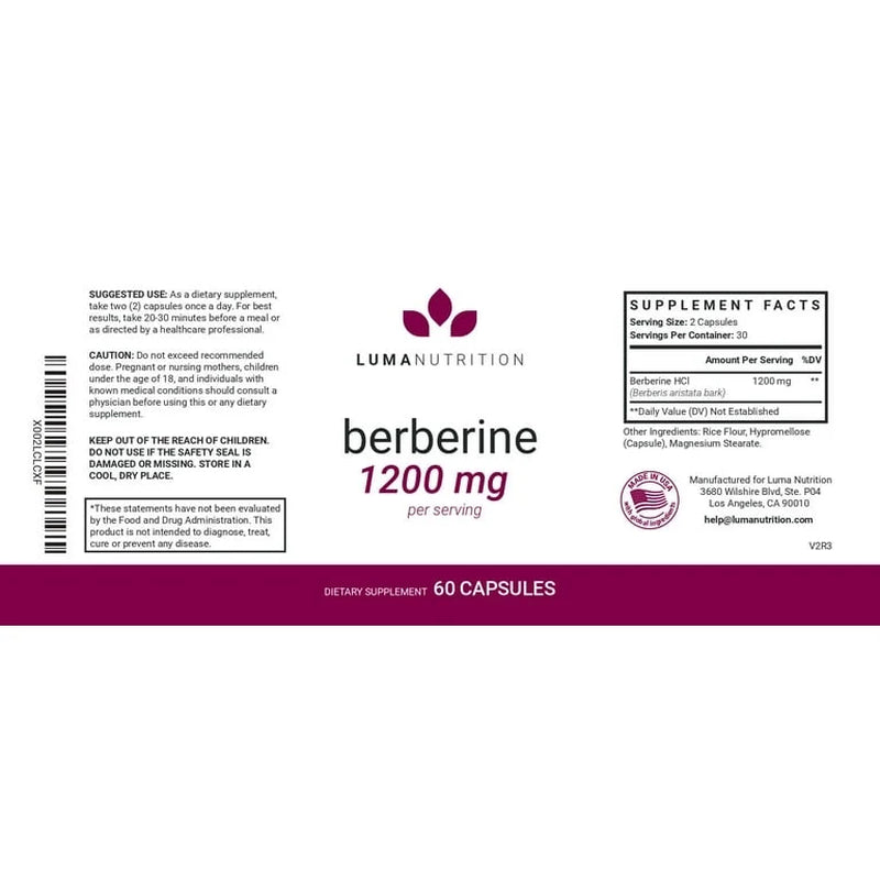 Berberine Supplement - Berberine 1200Mg per Serving - Berberine HCI - Blood Sugar Support Supplement - 60 Capsules